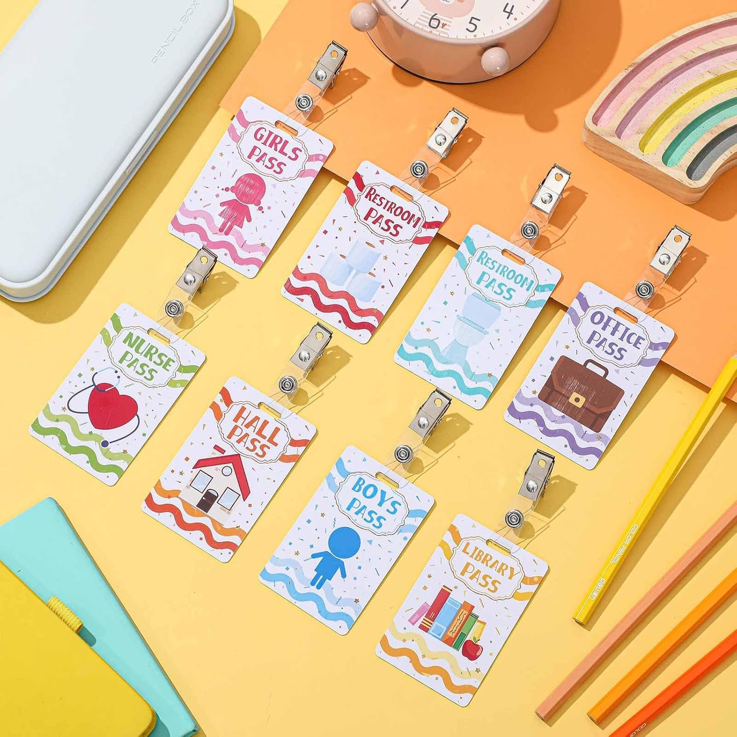 Ctosree 8 Set Unbreakable PVC Hall Pass and School Passes Set with Badge Clips Teacher Supplies for Classroom Elementary Middle School Restroom Library Office