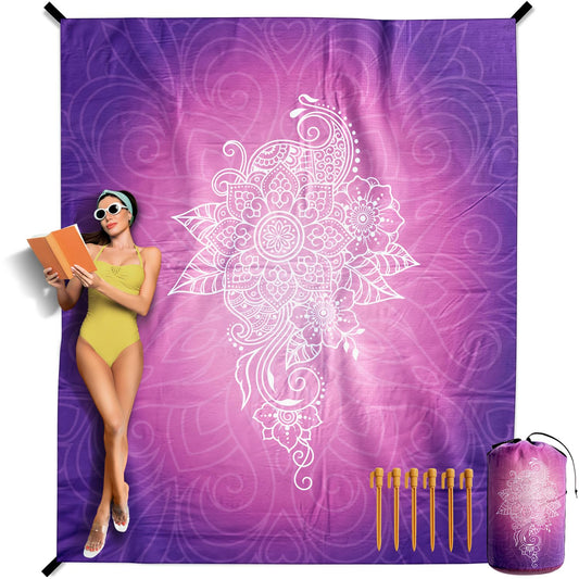 VENTURE 4TH Family-Size Beach Blanket: Sandproof, Waterproof, Lightweight & Compact. Includes Stakes and Carry Bag. 7x8 feet XL Purple Mandala