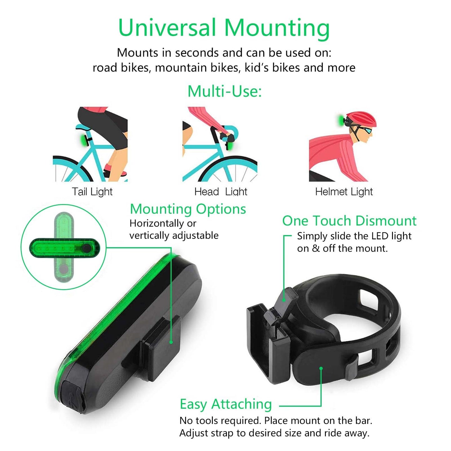 Green Bike Tail Light Rechargeable 2 Pack, Rear Bike Light for Night Riding, Back Bicycle Taillights with Great Battery Life, Easy to Install On Any Bike Trailer or Helmet