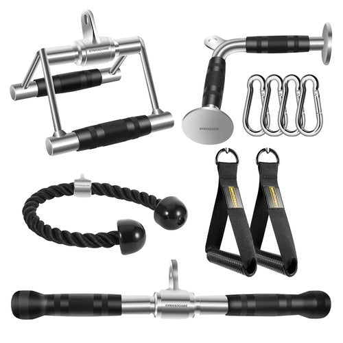 DYNASQUARE Tricep Press Down Cable Machine Attachment, Heavy Duty Solid Steel LAT Pulldown Attachments, Home Gym Accessories, Double D Handle, V-Shaped Bar, Tricep Rope, Exercise Handles