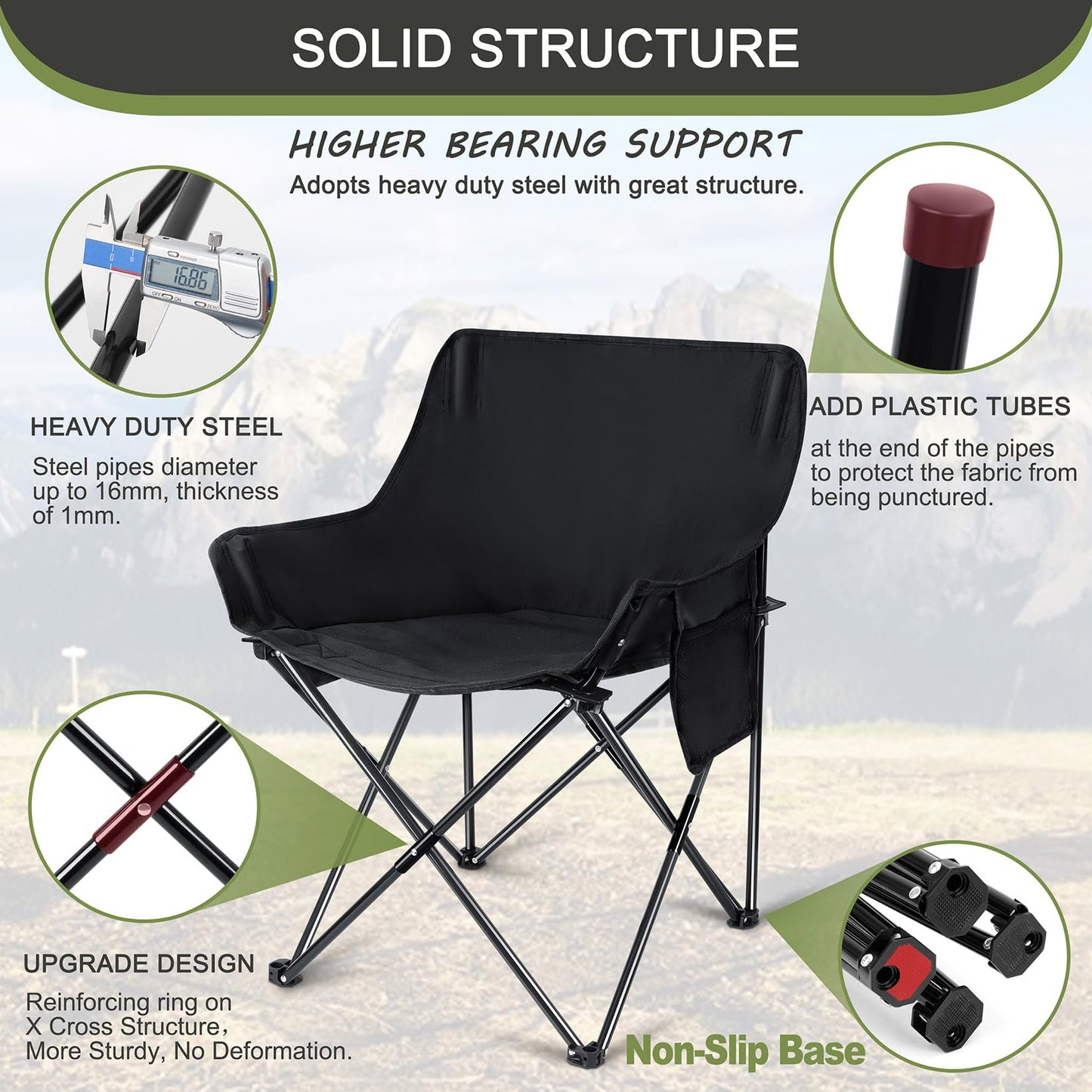 Joyfair Outdoor Camping Chair for Adult, Large Portable Folding Moon Chairs with Carry Bag for Patio Beach, Fishing, Lawn and More Outdoor Sports, 600D Oxford Fabric & Heavy Duty Steel (2, Black)