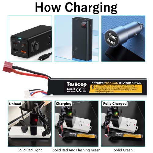 Tosiicop 11.1V Airsoft Battery 2800mAh - Lipo Batteries 30C & XH-4P Connector with T Plug to Mini Tamiya Conversion Cable Rechargeable USB Charger for Airsoft Model Rifle Gel Blaster Accessories