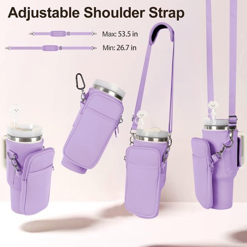 Cangroo Water Bottle Carrier Bag for Stanley 40oz Tumbler Cup Bag Pouch with Large Phone Holder & Carrying Strap & & Straw Covers, Stanley Cup Accessories