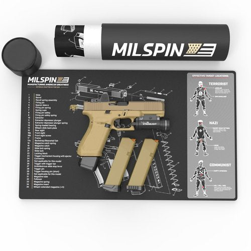Milspin Gun Cleaning Mat for Glock, Double Thick Rubber Construction, Heavy Duty Non-Slip Surface, Solvent Resistant, Includes Storage Case