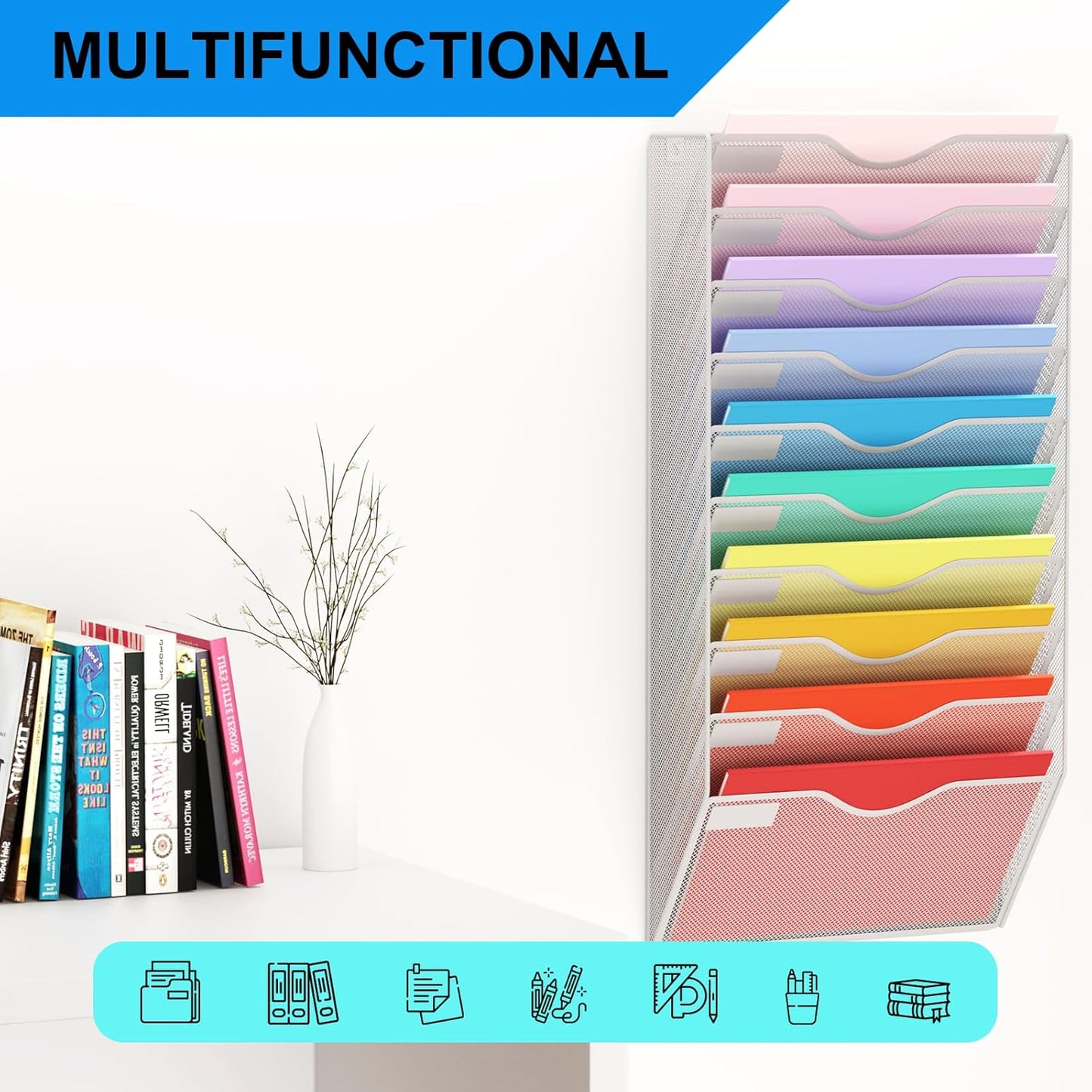 5 Pockets Mesh Hanging Wall File Holder Organizer Wall Mounted Paper Magazine Rack, Black