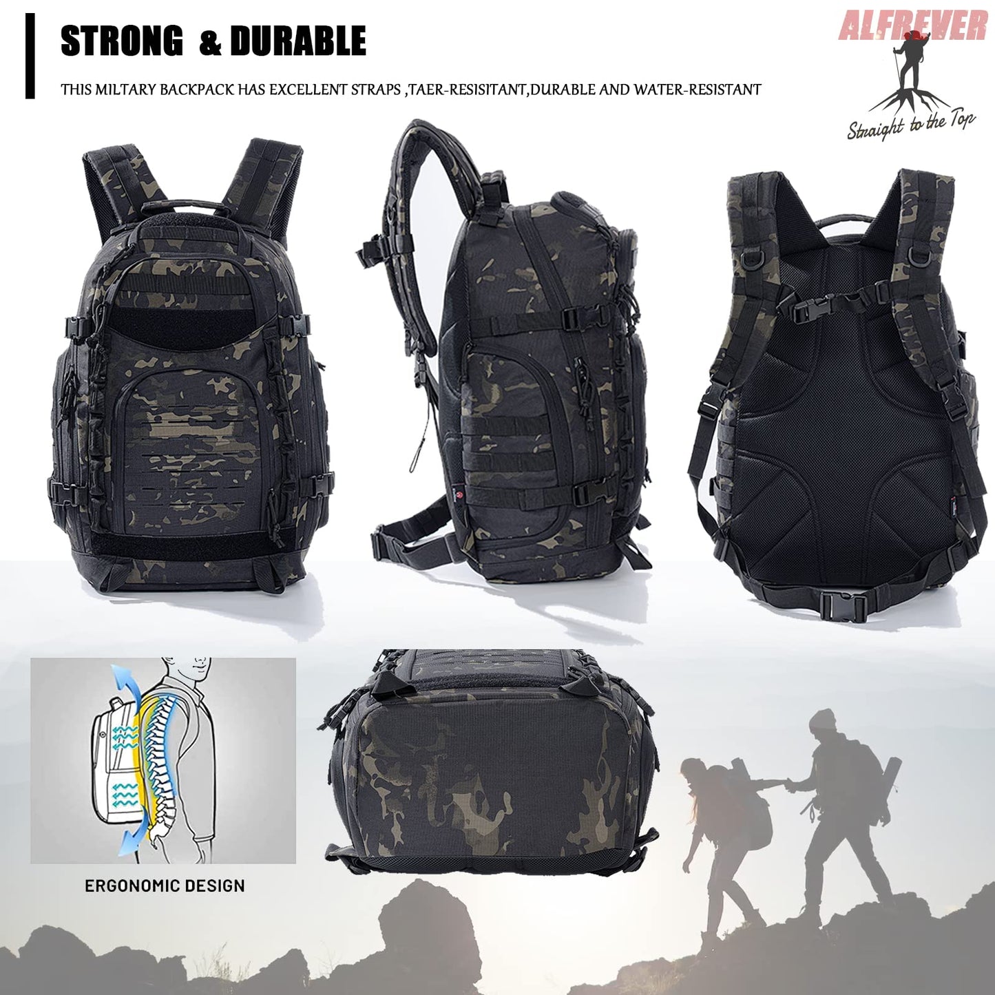ALFREVER 38L Military Tactical Backpack Pack Bag|Army Backpacks|Large Camping Hiking Rucksack Daypack for Outdoor Women Man