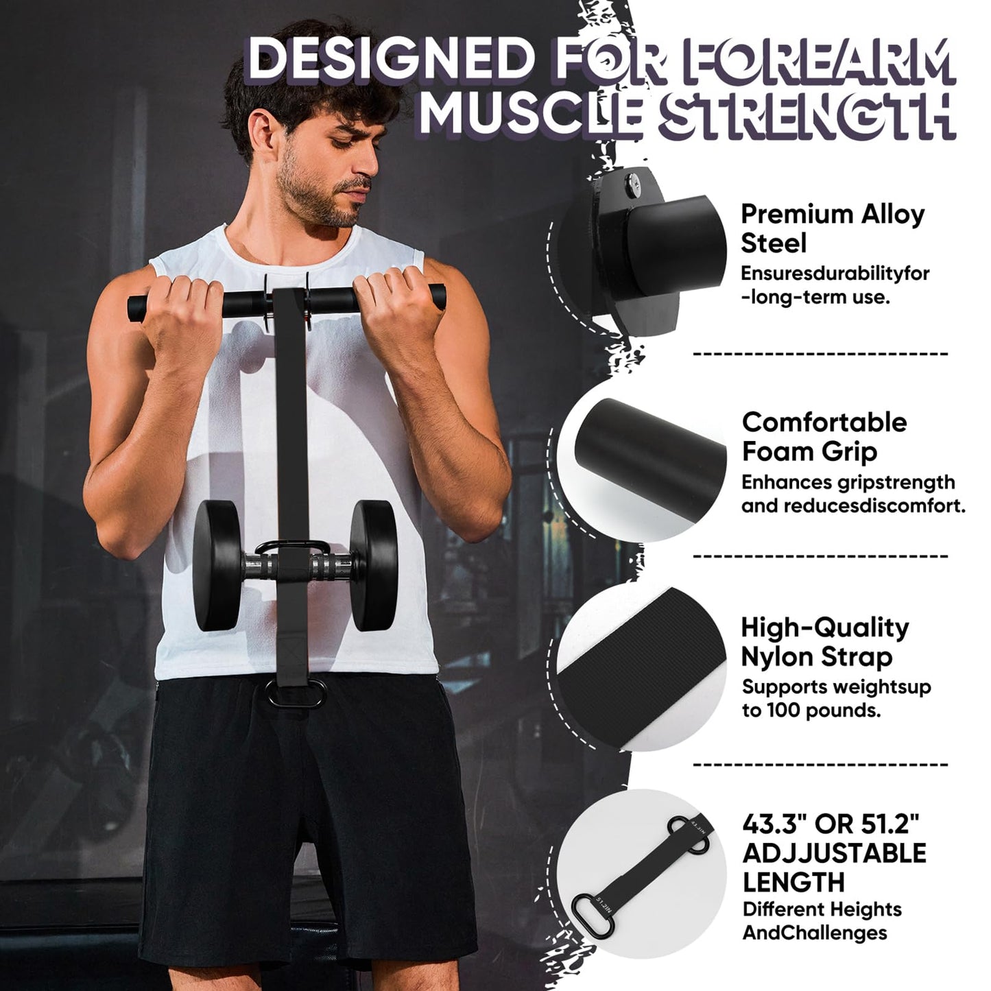 Forearm Strengthener and Wrist Roller, 43.3 inch Or 51.2 inch Ultra Strong Nylon Webbing, Forearm Exerciser with Quick Locking Mechanism, Ideal for Hand, Wrist and Forearm Strength Training (Black)