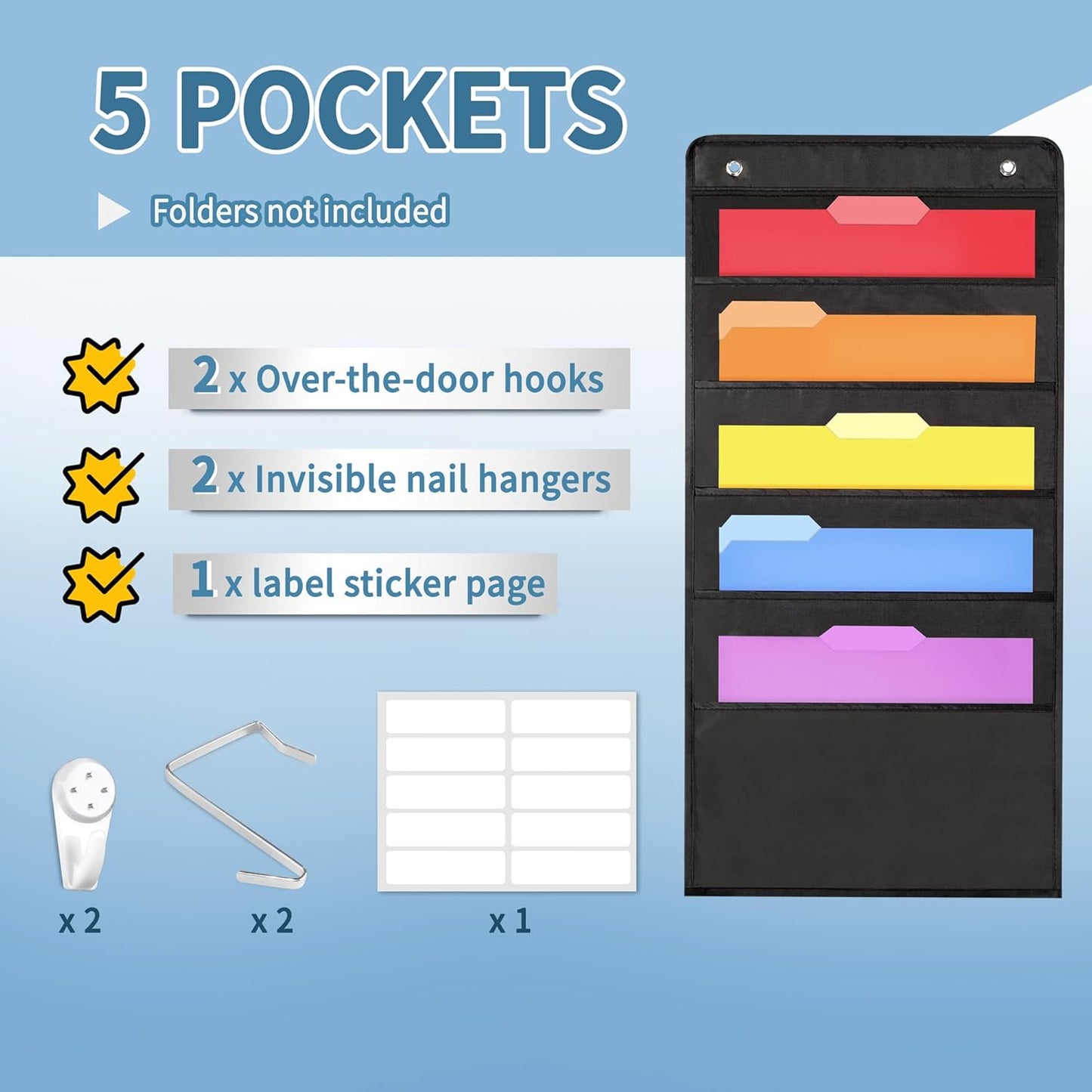 Annecy 10 Pockets Hanging Wall File Organizer, Black Storage Pocket Chart for File Folder and Paper, Space Saver for Office and Classroom, with Wall Hangers, Over The Door Hooks, Labels