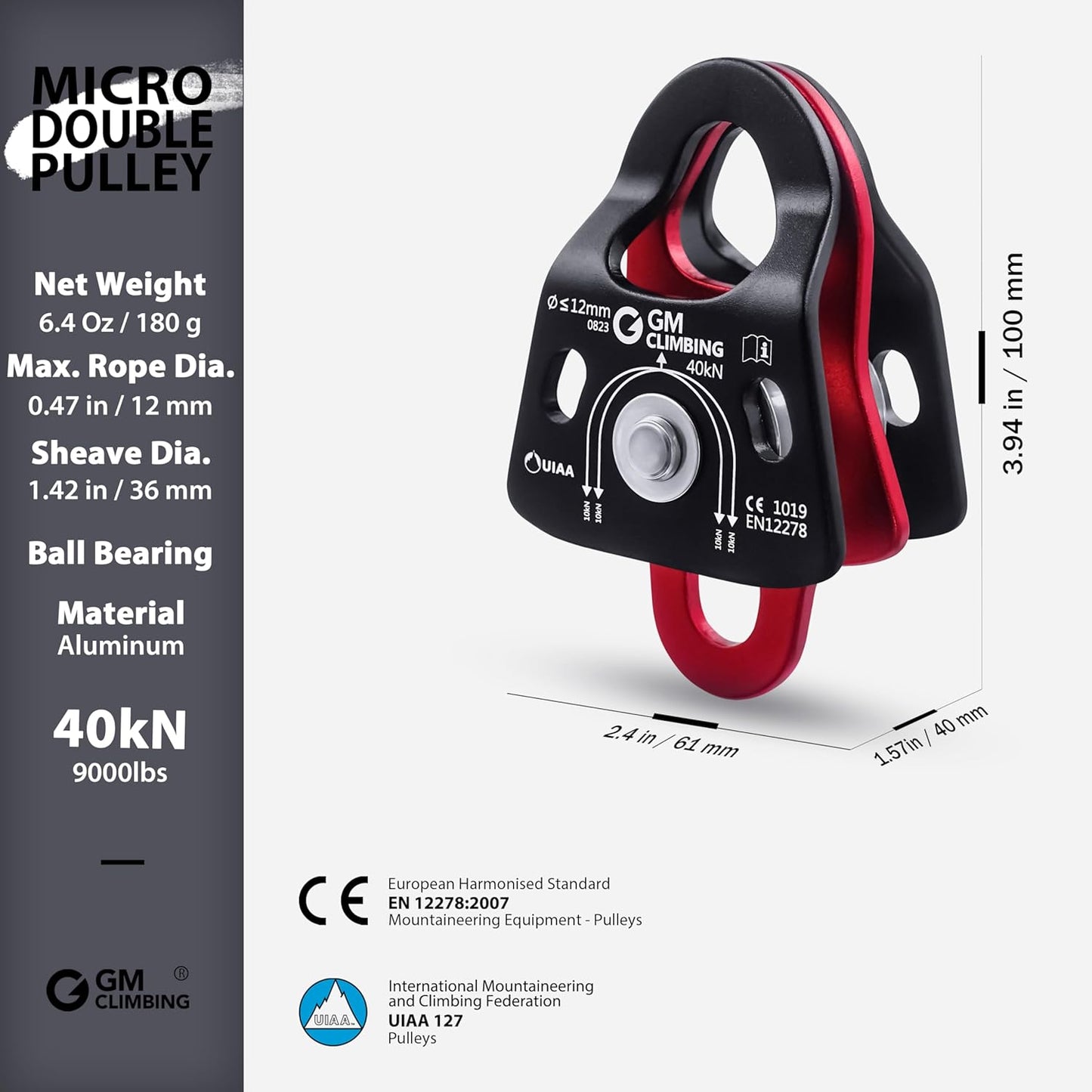 GM CLIMBING 40kN Micro Double Pulley Prusik Minding Ball Bearing UIAA CE for Progress Capture System Rigging Hauling Rescue Arborist Tree Climbing