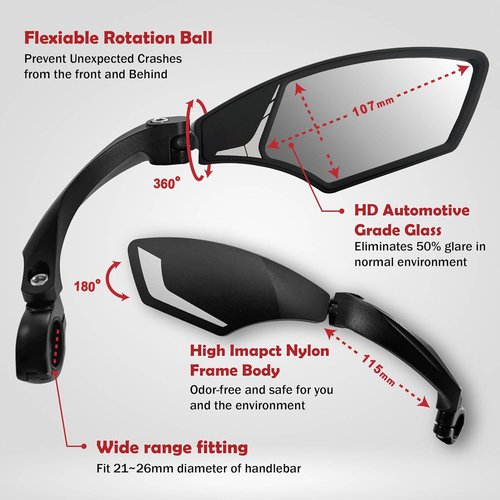 Hafny New Handlebar Bike Mirror, HD Blast-Resistant, Safe Crystal Clear Glass Lens, Adjustable Rotatable Bicycle Mirror, Rearview Mirror for Bicycle, HF-MR095