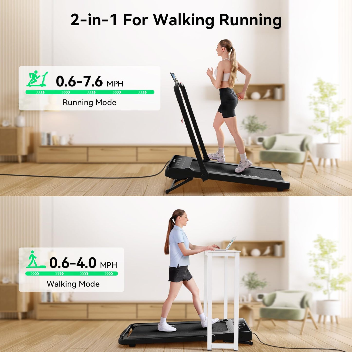 FelFast Walking Pad Treadmill with 15% 9° 8 Level Auto Incline, 2-in-1 Under Desk Foldable w/Remote Control, 12 HIIT Mode, 265 Lbs Max, 7.6 MPH Max, Portable Mini Treadmill for Office Home