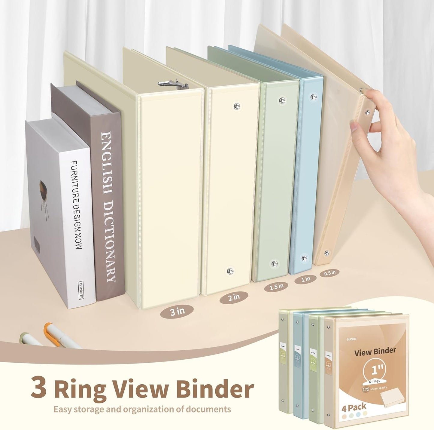 SUNEE 3 Ring Binder 1.5 Inch 4 Pack, Clear 1 1/2 Inch View Binder Three Ring PVC-Free (Fit 8.5x11 Inches) for School or Office Supplies, Neutral Aesthetic