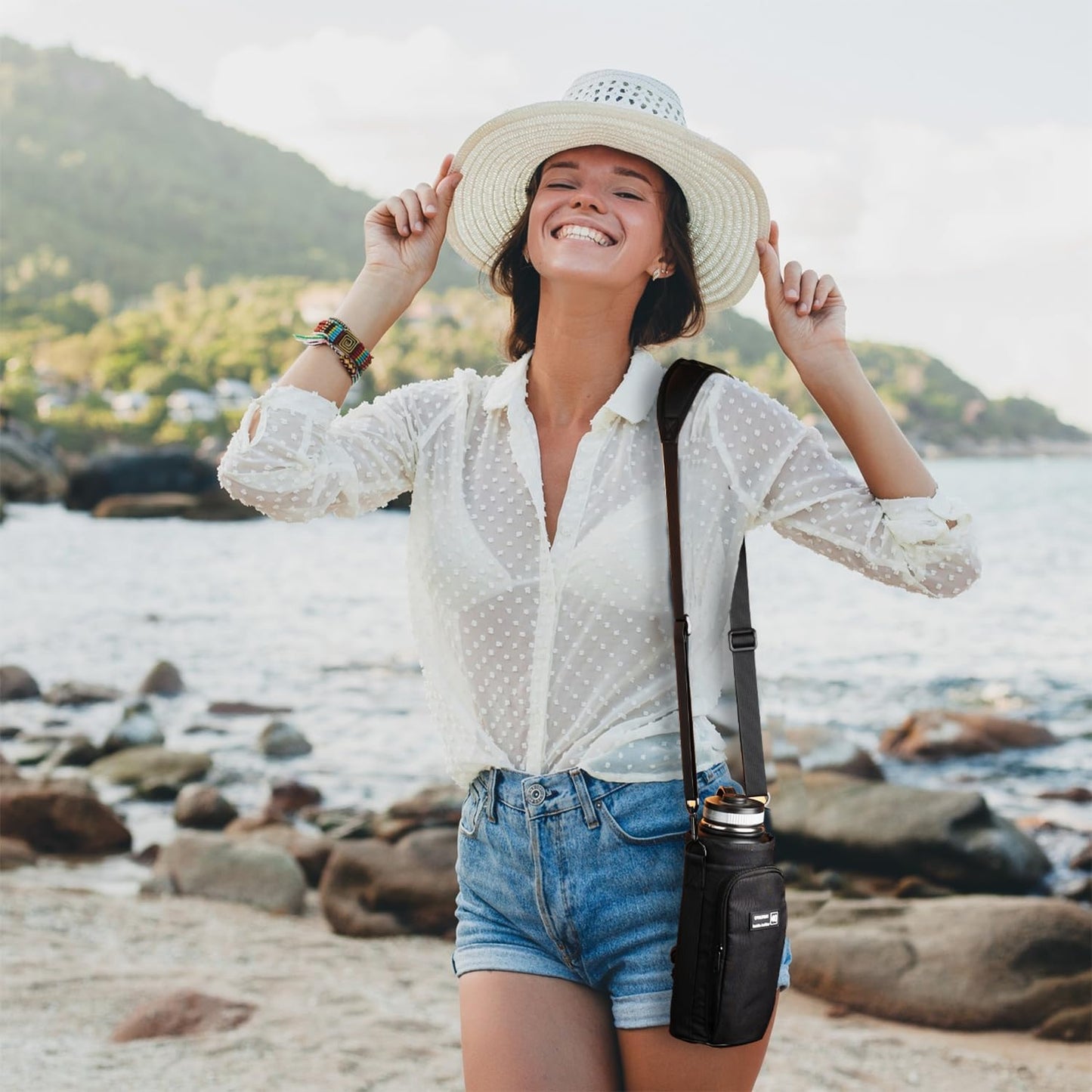 32 oz - 64 oz Black Neoprene Bottle Holder with Strap and Pocket for Walking, Travel and Hiking