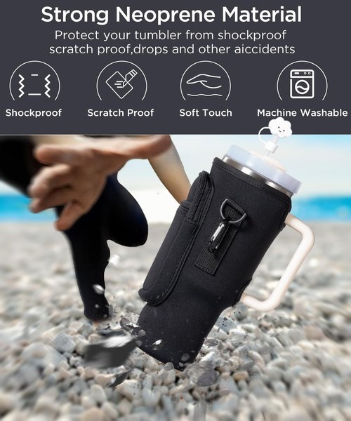 Water Bottle Carrier Bag with Phone Pocket for Stanley 40oz Tumbler with Handle（Black+Blue）