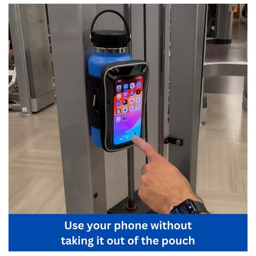 Gym Mate Magnetic Water Bottle Sleeve with see-through phone access. Attaches Magnetically to Metal Surface so Your Bottle is Always Within Reach. Use your phone without taking it out of the pouch.