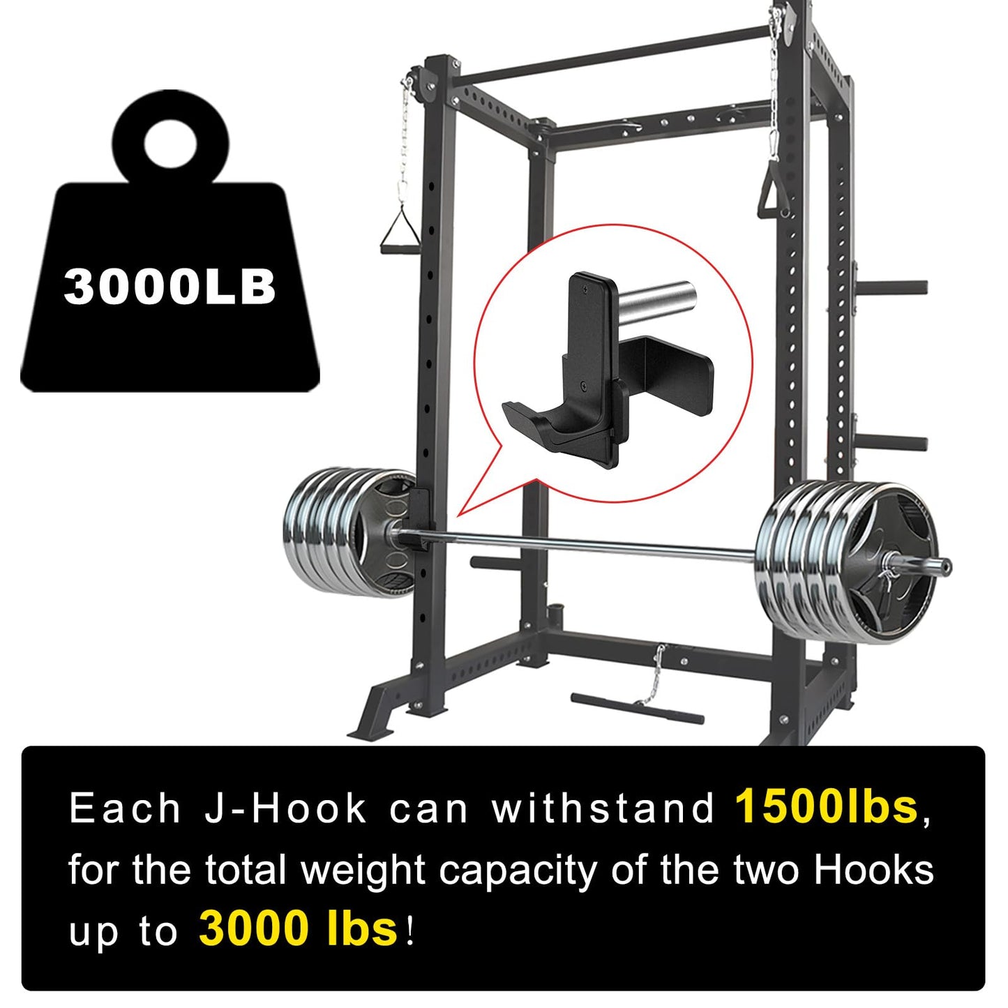 Kipika J-Hooks for 3" x 3" Power Rack - 5/8" or 1" Hole - Reinforced Steel with Rubber Pads - Heavy Duty Squat Rack Accessories - 2Pcs