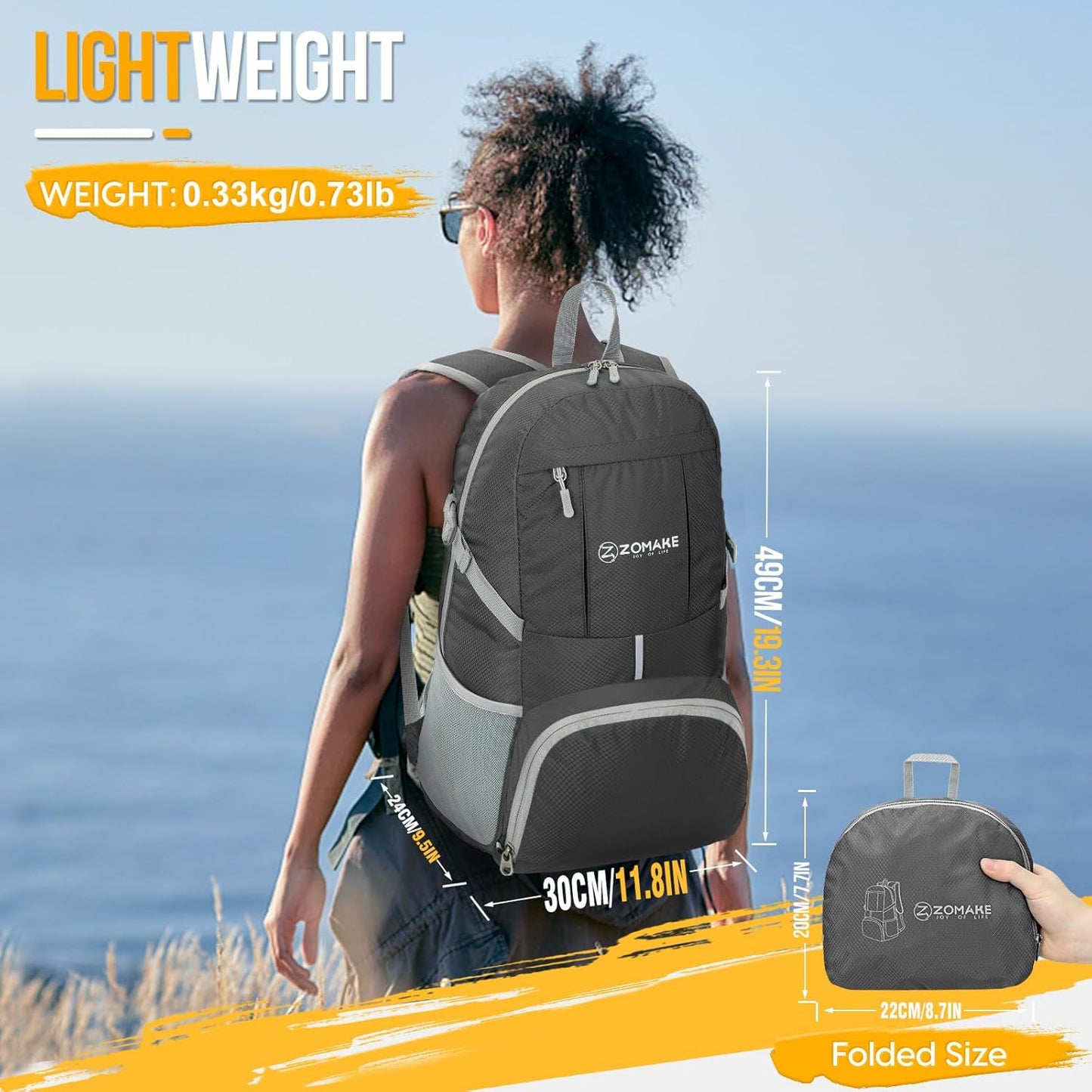ZOMAKE Lightweight Packable Backpack 35L, Light Foldable Backpacks Water Resistant Collapsible Hiking Bag, Compact Folding Day Pack for Travel Camping(Black)