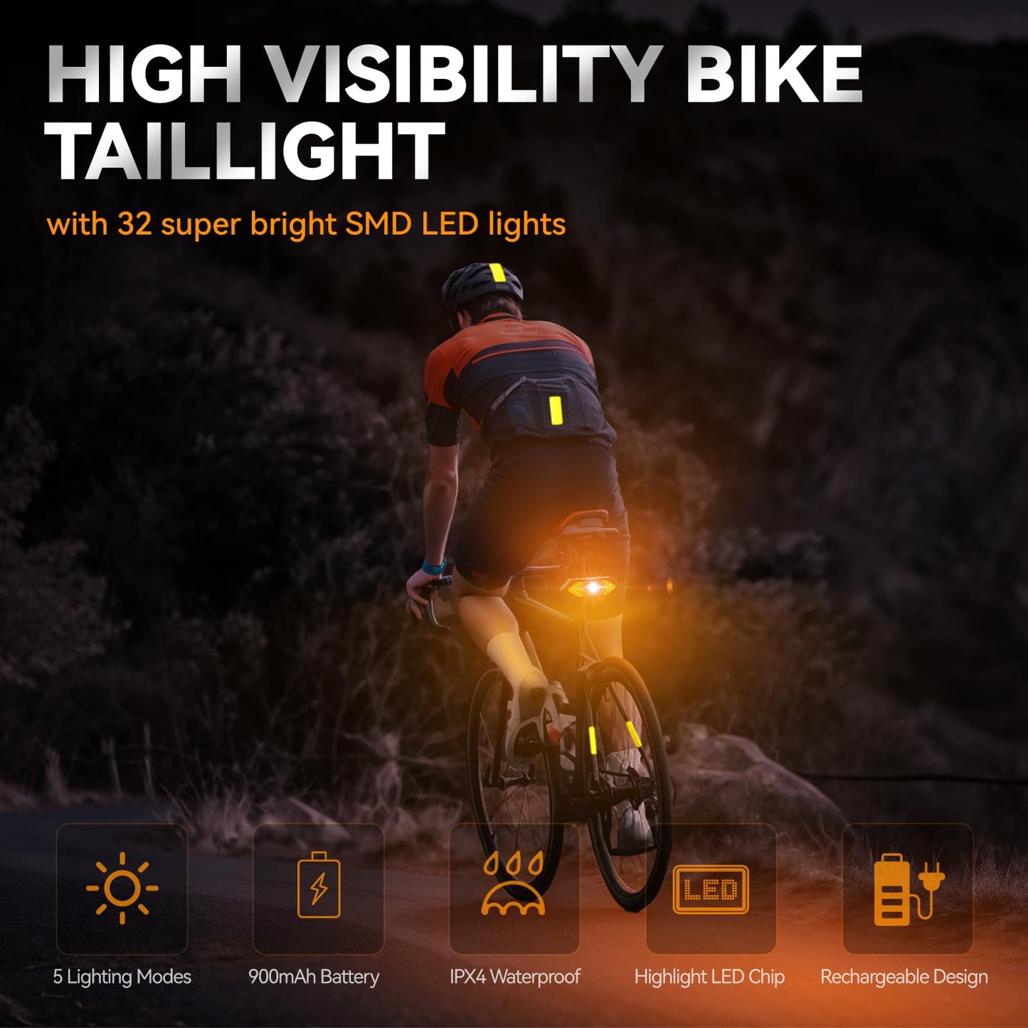 Hcikoat Bike Tail Light with Turn Signals USB Rechargeable Bike Turn Signals 120 Lumens Ultra Bright LED Turn Signals for Bicycle 5 Mode with 10PCS Safety Reflective Tape for Night Riding Bicycle