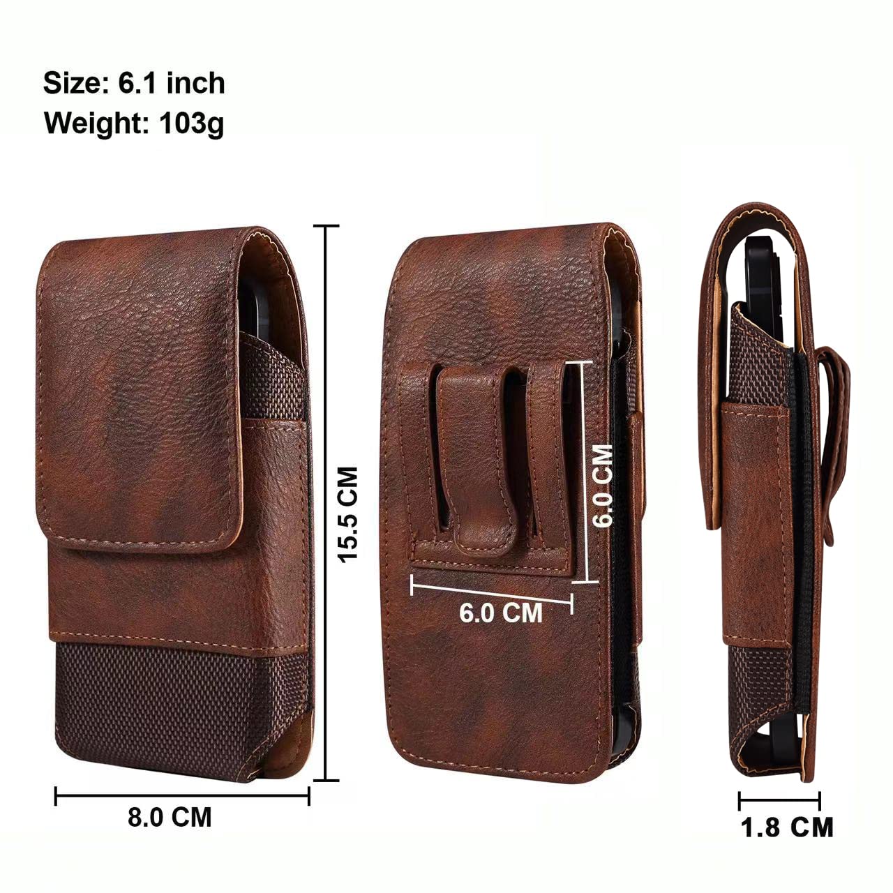 Vertical Cell Phone Waist Bag for Men, Mobile Phone Belt Pouch with Clip, Universal Mens Leather Phone Belt Clip Holder Smartphone Waist Pouch Fanny Pack Protective Wallet with Carabiner Belt Loop