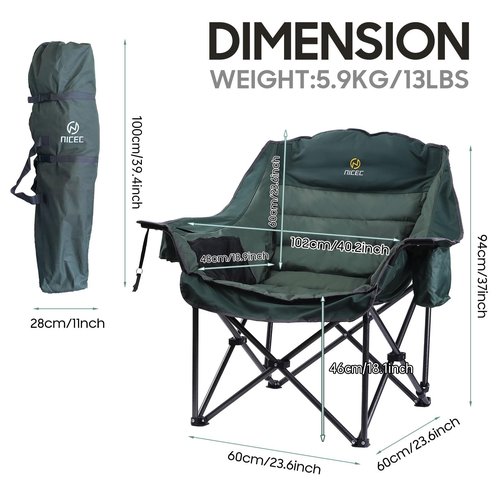 Nice C Camping Chairs, Oversized XL Padded Camping Chair, Outdoor Chair, Camp Chair, Lounge Chair, Wide&Thick, Heavy Duty 400lb, Carry Bag, Cupholder & Cooler (One Green)
