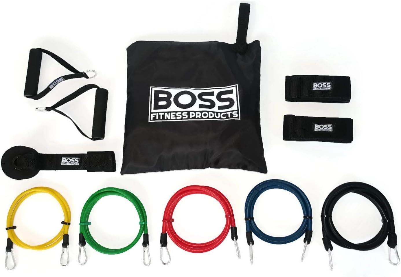 11-Piece Adjustable Resistance Band Set - 5 Bands - Heavy Duty Door Anchor - Premium Ankle Straps, Soft Grip Handles - Carrying Bag - Additional Accessories