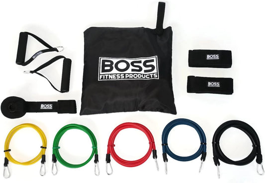 11-Piece Adjustable Resistance Band Set - 5 Bands - Heavy Duty Door Anchor - Premium Ankle Straps, Soft Grip Handles - Carrying Bag - Additional Accessories
