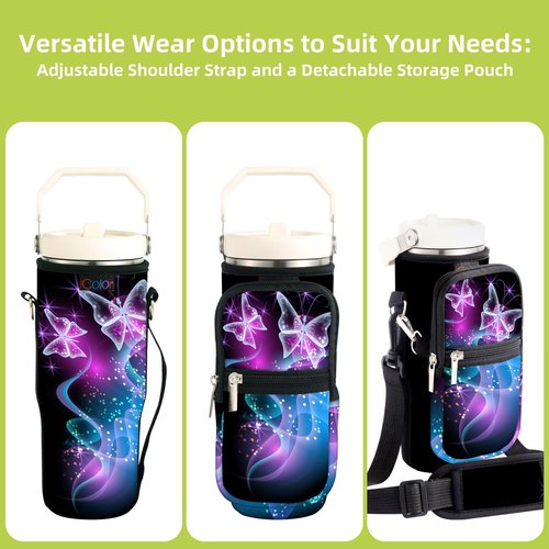 icolor Water Bottle Carrier Bag for Stanley IceFlow Flip Straw Tumbler 20oz Stanley IceFlow Mug Carrying Holder Neoprene Sleeve Stanley Cup Accessories Pouch Crossbody Sling for Travel Fitness