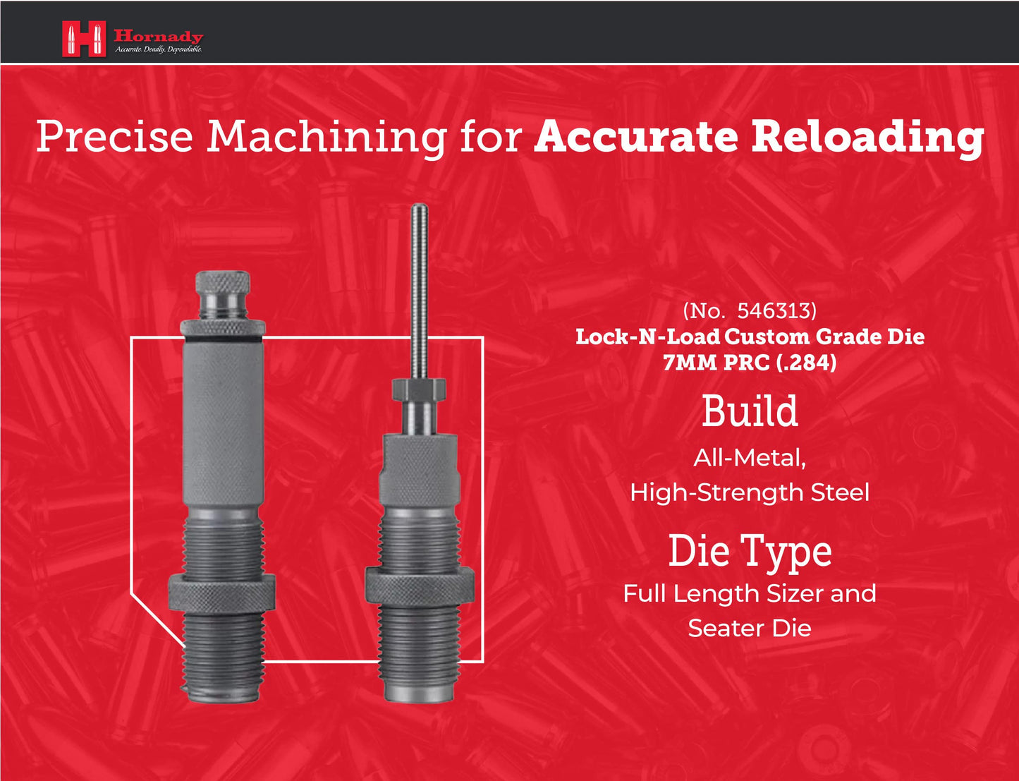Hornady Custom Grade New Dimension 2-Die Set, 7MM PRC (.284) (546313)- Caliber Specific Reloading Equipment for Handloaders with Full Length Sizer Die, Seating Die, Sure-Loc Rings, & Storage Box