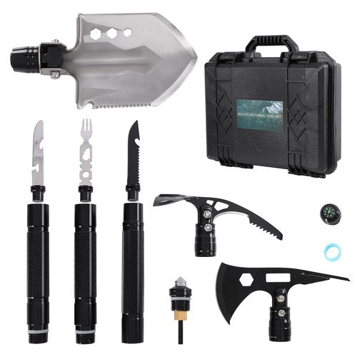 Survival Shovel Multitool 14-in-1 – Tactical Folding Shovel & Axe for Camping, Hiking, Hunting – Military Grade Gear with Adjustable Handle, Portable Storage Box