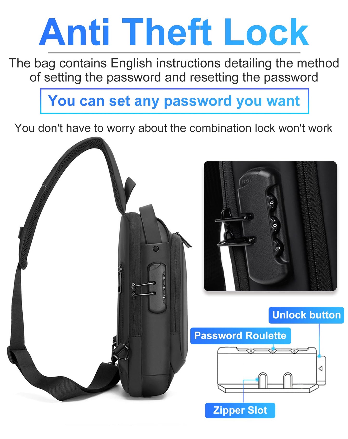Geanbun Sling Bag for Men Anti-Theft USB Crossbody Backpack Waterproof Chest Daypack Lightweight Shoulder Bag (Black)