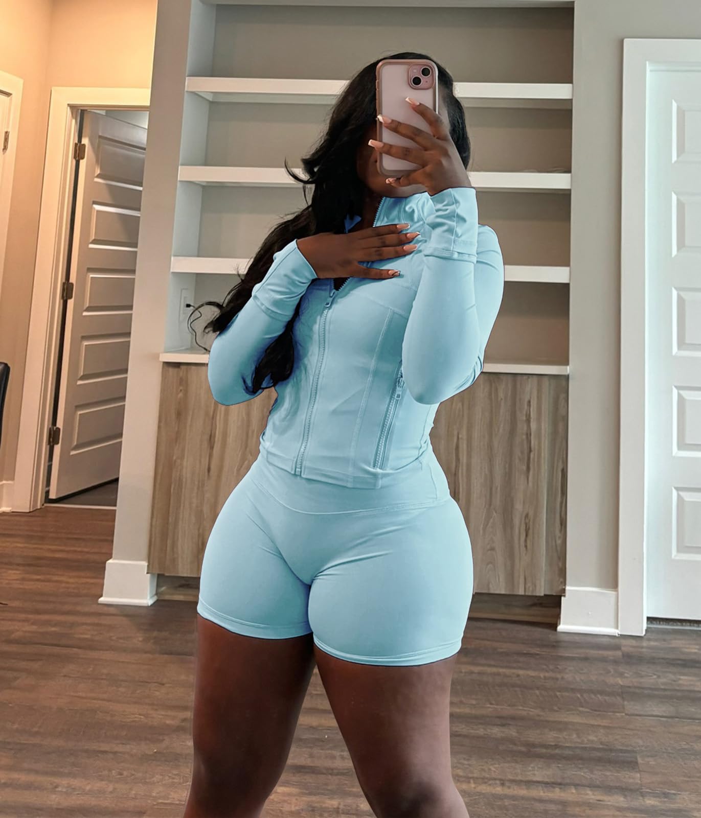 Adogirl Women Workout Sets 2 Piece Outfits Long Sleeve Zip Sweatshirt Jacket Gym Leggings Biker Shorts Set Tracksuit Sweatsuits Light Blue XL
