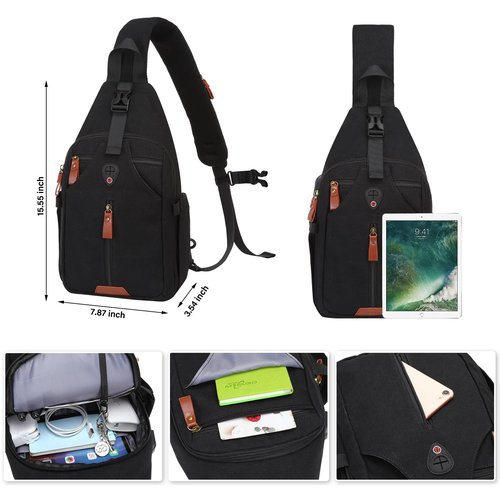 MOSISO Sling Backpack Travel Hiking Daypack, Vintage Canvas Crossbody Sling Chest Bag with USB Charging Port&Removable Strap, Black