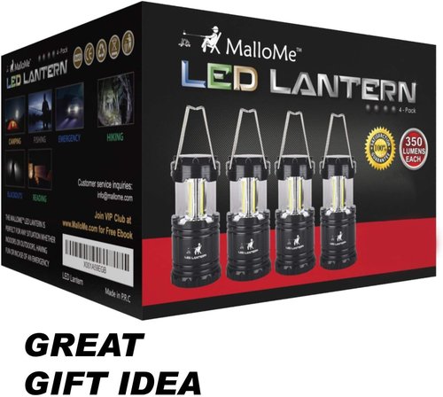 MalloMe LED Camping Lantern Flashlights 2 Pack & 4 Pack - Super Bright - 350 Lumen Portable Outdoor Lights (Black, Collapsible)