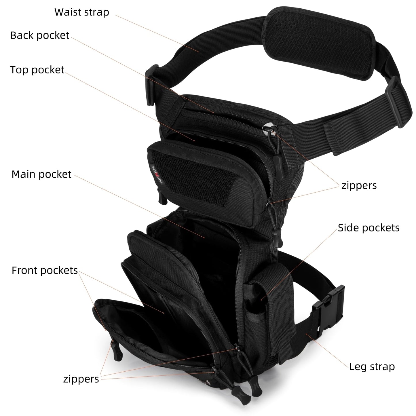 AMHEH Drop Leg Thigh Bag Hip Pouch 4.5L Black | Military, Tactical, Motorcycle, Bike, Cycling, Hiking, Outdoor, Adjustable for Waists Up to 59 Inches
