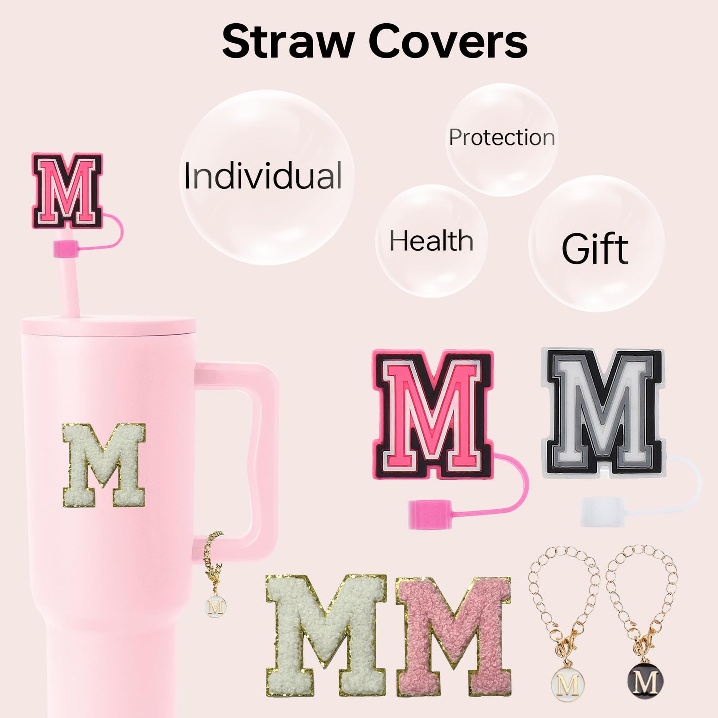 6PCS Stanley Cup Letter Charm Accessories, Silicone Straw Cover Cap Toppers, Adhesive Chenille Letters Patch Sticker, Initial Letter Hydro Charms for Stanley 30 40 Oz Tumblers Handle Decor M