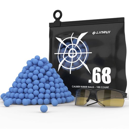 LinRui 100ct .68 Cal Paintballs for Reusable Training and Less Lethal Self Defense Balls, Paintballs .68 Caliber Ammo Rubber Projectile Fit for Byrna SD/T4E HDR/Paintball Guns （Goggle Included）
