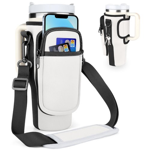 CTSZOOM Water Bottle Carrier Bag for Stanley 40 Oz Tumbler, Bottle Pouch Holder with Pocket and Adjustable Shoulder Strap for Stanley Quencher H2.0, Accessories for Stanley Cup Walking Cream