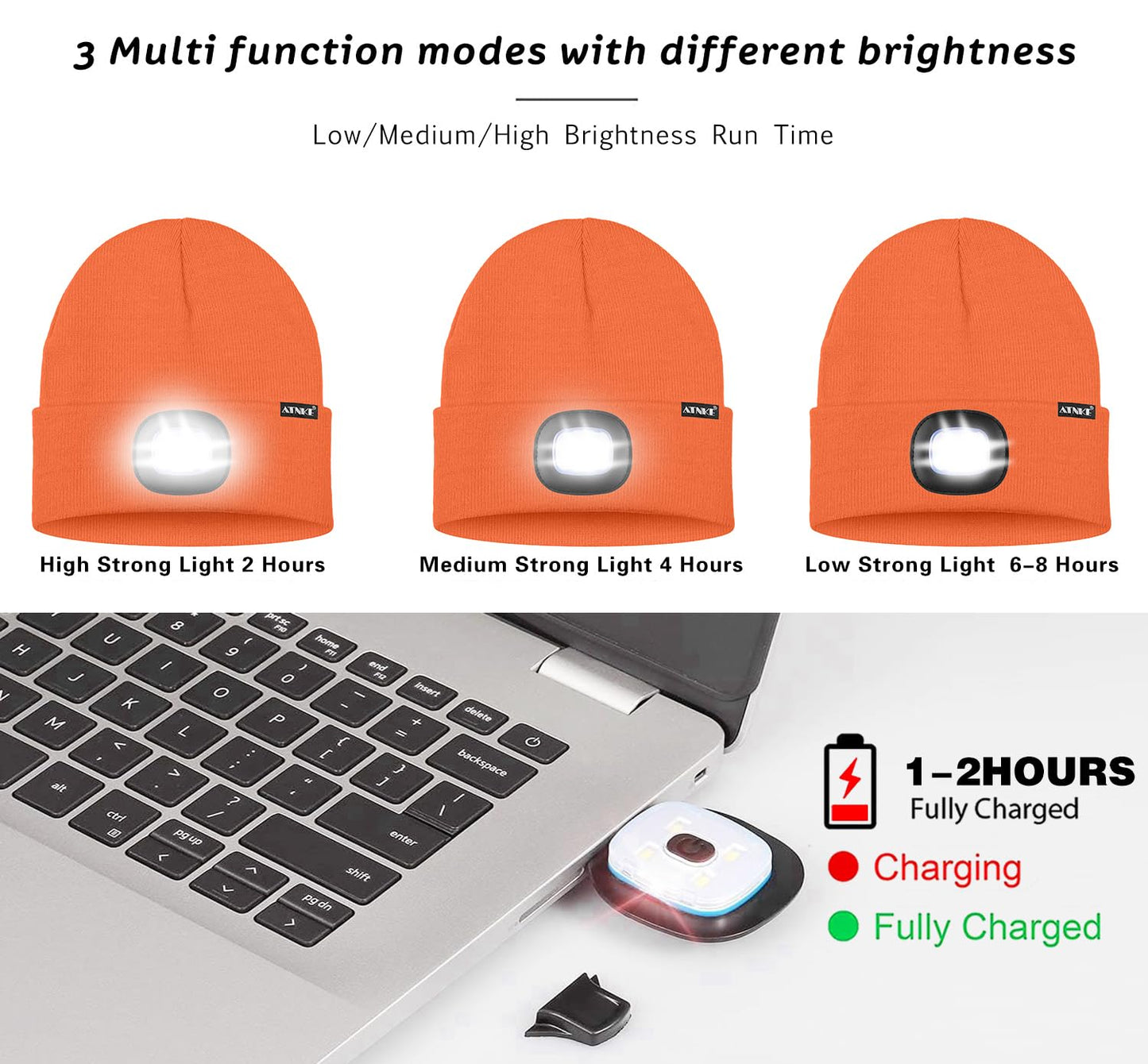 ATNKE LED Lighted Beanie Hat,USB Rechargeable 4 LED Running Headlamp Bright Cap with The Light Gifts for Men and Women/#Bright Orange