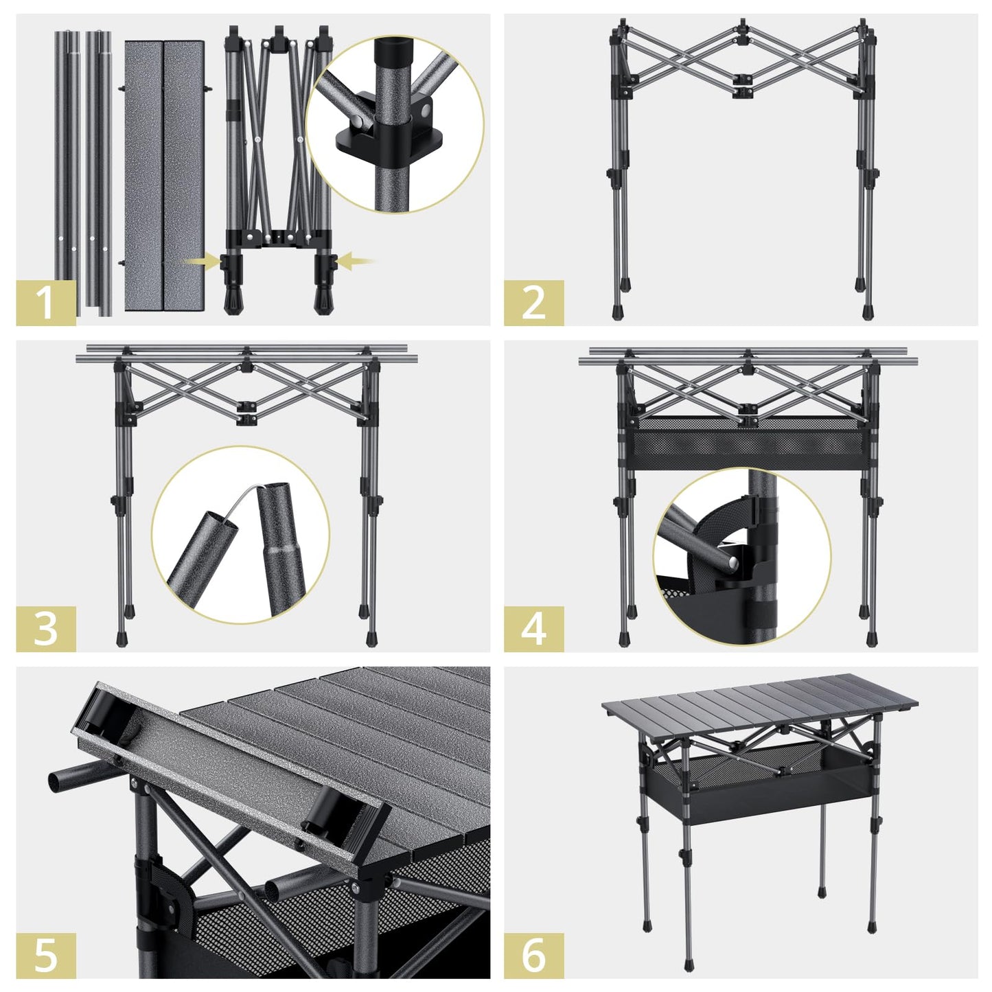 Anbte Folding Camping Table, Aluminum Roll Up Camping Table Adjustable Height with Storage Net and Bag, Lightweight Outdoor Table 32.2” X 16”, for Outdoor Travel BBQ Party Picnic, Black