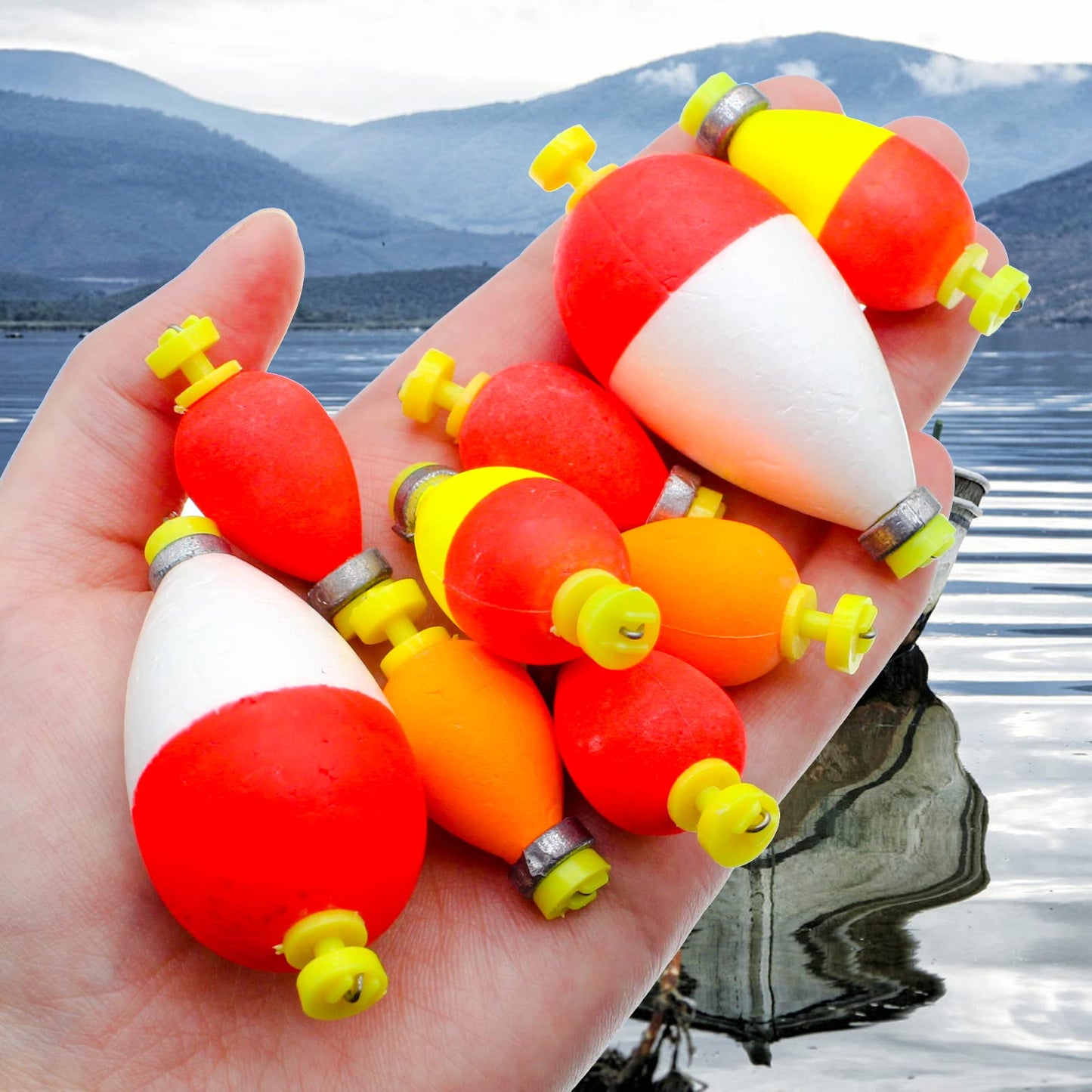 Gefischtter 16pcs Fishing Bobbers Weighted Floats Set Foam Snap on Float Weighted Bobbers Fishing Push Button Snap-on Bobbers Assortment