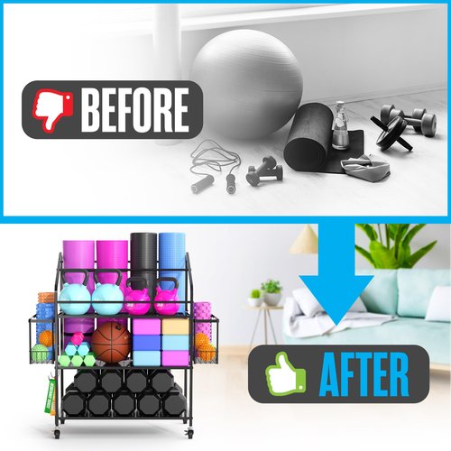 Workout Equipment Storage, Exercise Equipment Storage, Home Gym Organizer, Weight Rack for Home Gym, Kettlebell Rack, Free Weight Dumbbell Holder Cart, Yoga Organization Shelf, Rolling, Metal, 3 Tier