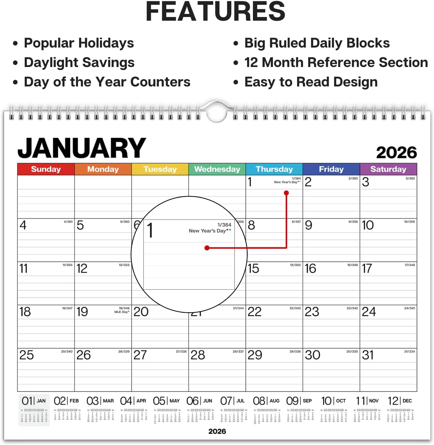 Dunwell 12x15 Wall Calendar 2025-2026 (Colorful), Use Now to Dec 2026, Large Lined 12 x 15 Monthly Calendar, Professional Styling for Home or Office, Premium Paper