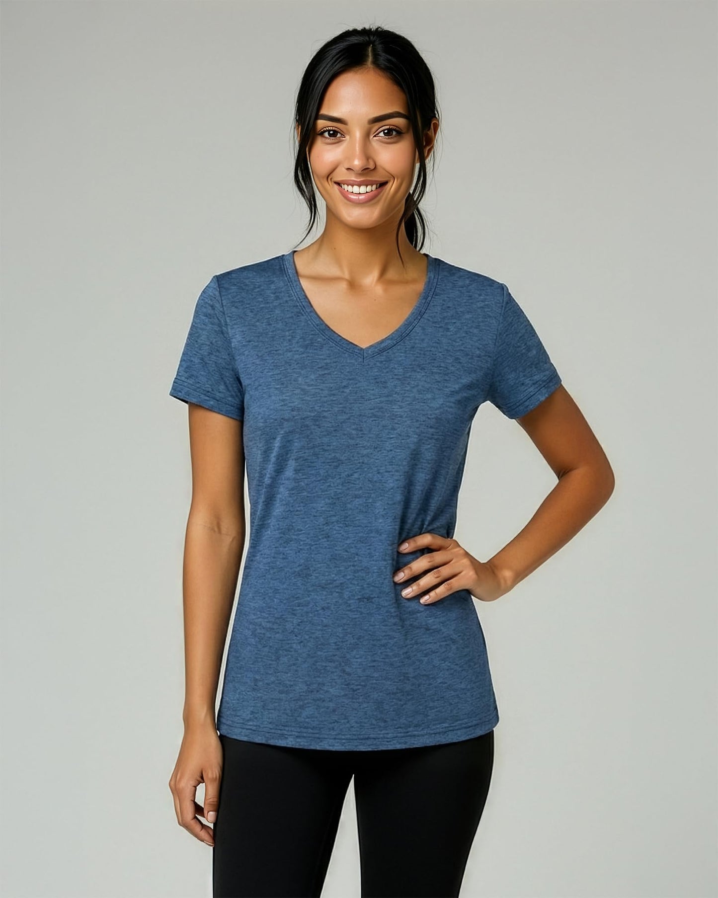 Real Essentials 5 Pack: Women's Dry-Fit Short Sleeve V Neck T Shirt Workout Fitness Yoga Top Tee, Set 8, M