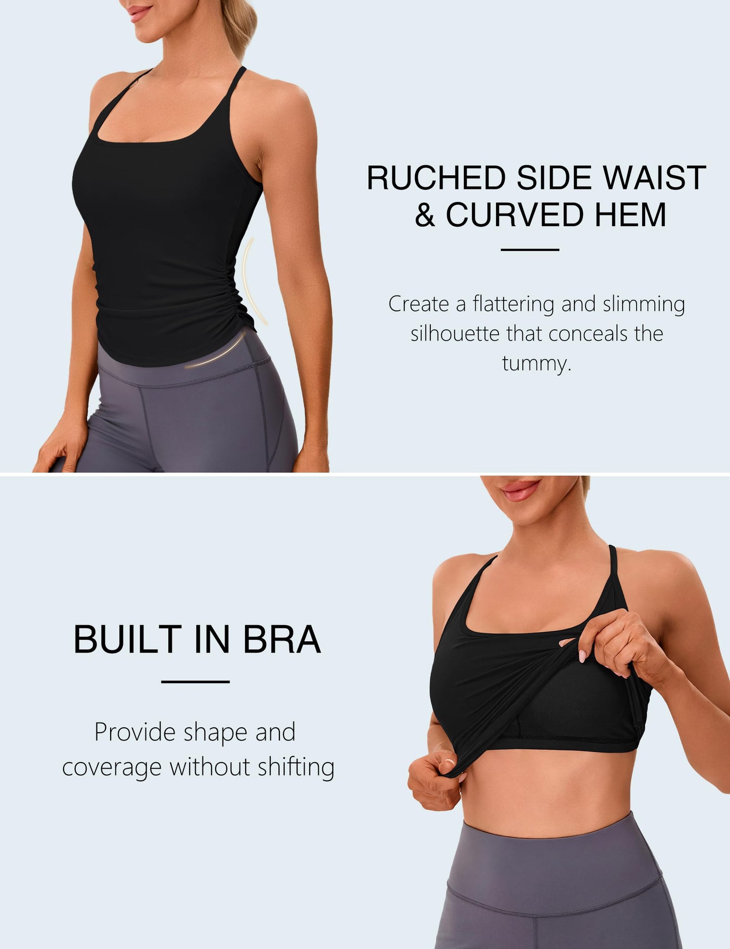 BMJL Womens Workout Tank Tops Built in Bra Ruched Gym Tops Racerback Athletic Yoga Shirts(S,Black)