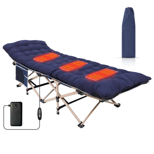 WGOS Camping Cot, Heated Camping Cot Folding Cot for Adults with Heated Mattress, Folding Bed, Carry Bag, Pillow & Side Mesh Holders Holds Weights Up to 500Lbs (Set of 1 Blue)