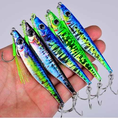 Sunlure Saltwater Fishing Jigs - Jig Fishing Vertical Jig Speed Slow Pitch Jigging Spoon Hard Bass Fishing Lure - Blade Baits Lures with Assist Hook Paillette Artificial Fishing Lures 5pcs/Set 1.4oz