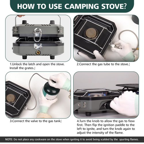 Hiteemer 2 Burner Portable Camping Stove with Griddle 17200 BTU Folding Camp Gas Stove Camping Adjustable Burners Piezo Ignition