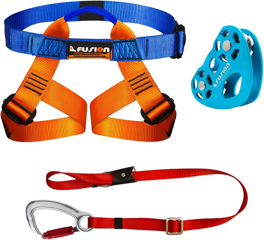 Fusion Climb Zipline Harness Kit - Zip Line Kit with Harness/Lanyard/Trolley/Helmet Bundle, Kids Backyard Zip FK-K-HLT-01