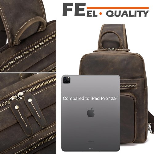 nomeity Men's Full Grain Crossbody Retro Leather Sling Bag For Men Outdoor Travel/Hiking Shoulder Chest Daypack For iPad Pro 12.9