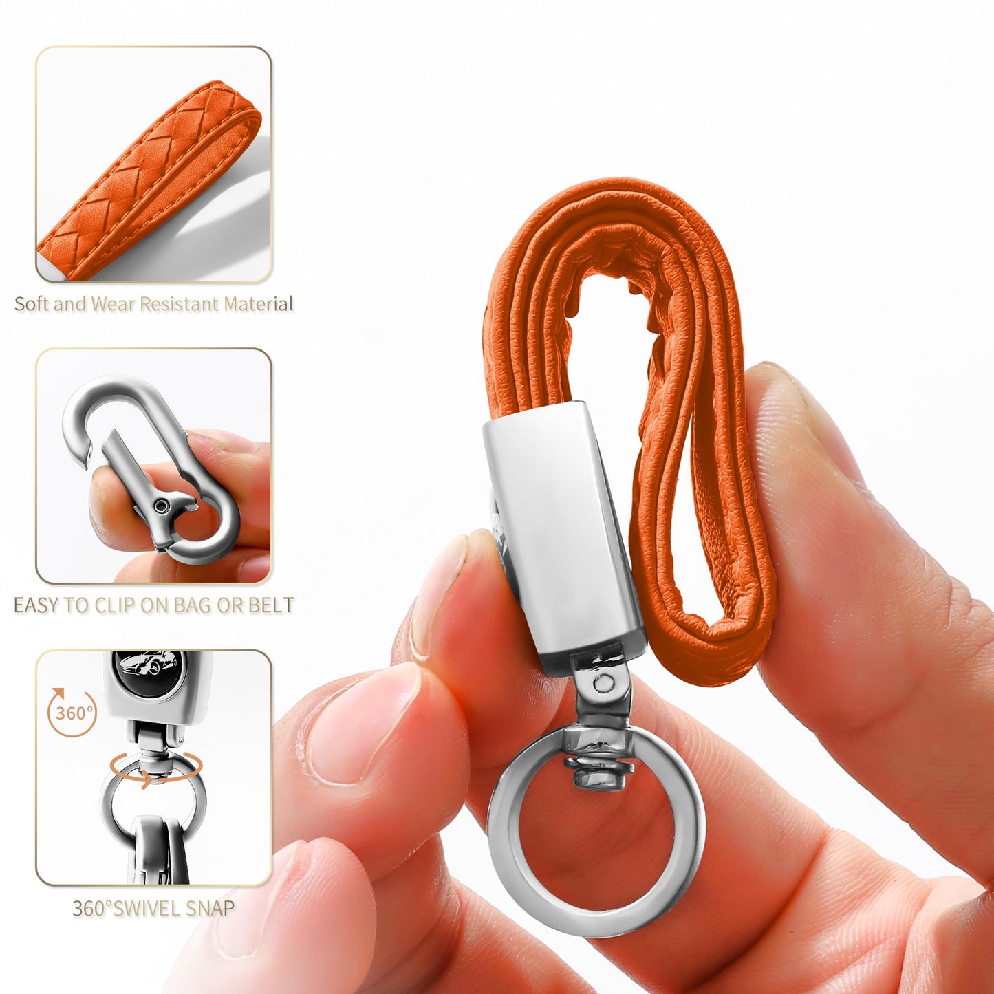 Gkeygo Carabiner Keychain, Universal Heavy Duty Woven Handmade Leather Key Chain, Car Fob Key Keychains with 360 Degree Rotatable Snap Swivel and Anti-Lost D-Ring for Men and Women, Silver - Orange
